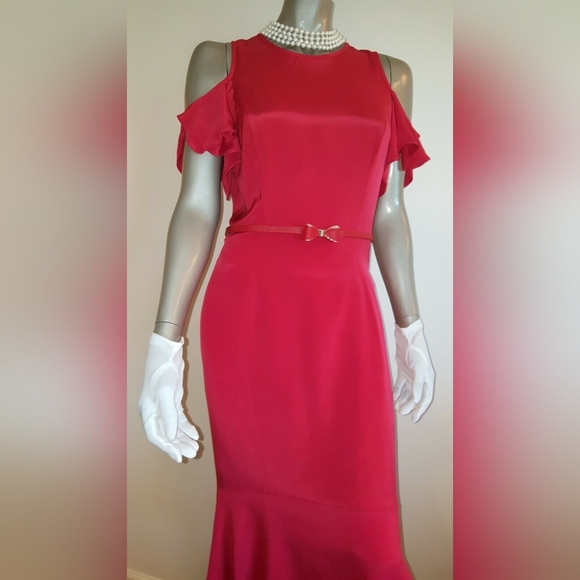 $700 THEIA RED SILK LOVE RUFFLE RUNWAY DRESS GOWN US 0, 2, 4, 6, - Picture 9 of 14